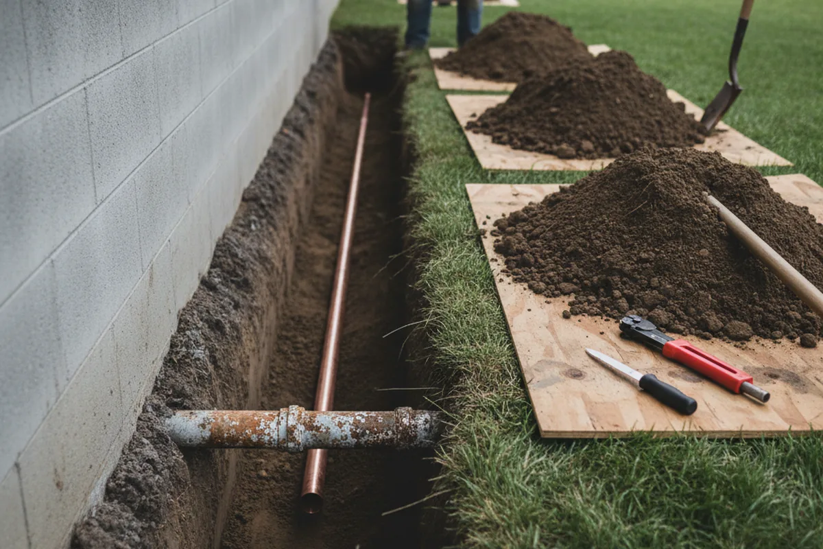 Excavated water line trench during Sewer Line Repair in Willards